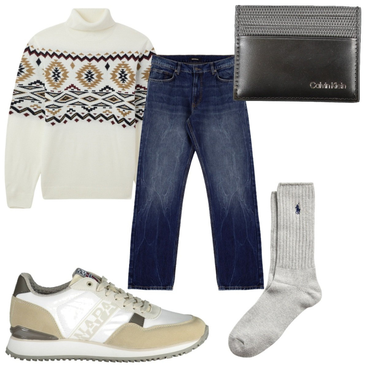 Outfit uomo - Total look #1989128. Stile Trendy per Tutti i giorni. Abbinamento con maglieria, jeans dritti, calzini, sneakers, portafogli.