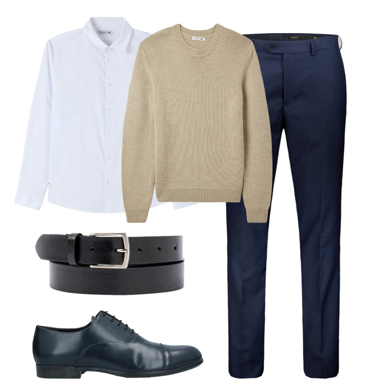 Outfit uomo - In ufficio. Stile Business/Elegante per Ufficio. Abbinamento con scarpe stringate, maglieria, camicie, cinture, pantaloni.