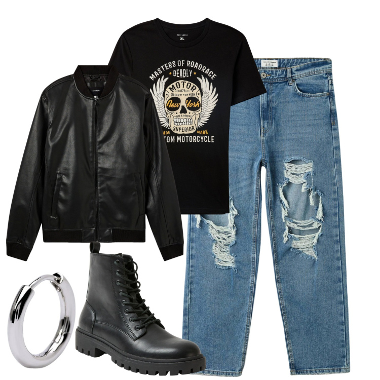 Outfit uomo - Ottobre. Stile Biker Rock per Tutti i giorni. Abbinamento con bomber, t-shirt, jeans strappati, anfibi, orecchini.