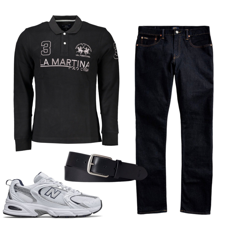 Outfit uomo - City. Stile Casual per Tutti i giorni. Abbinamento con sneakers, jeans, cinture, polo.