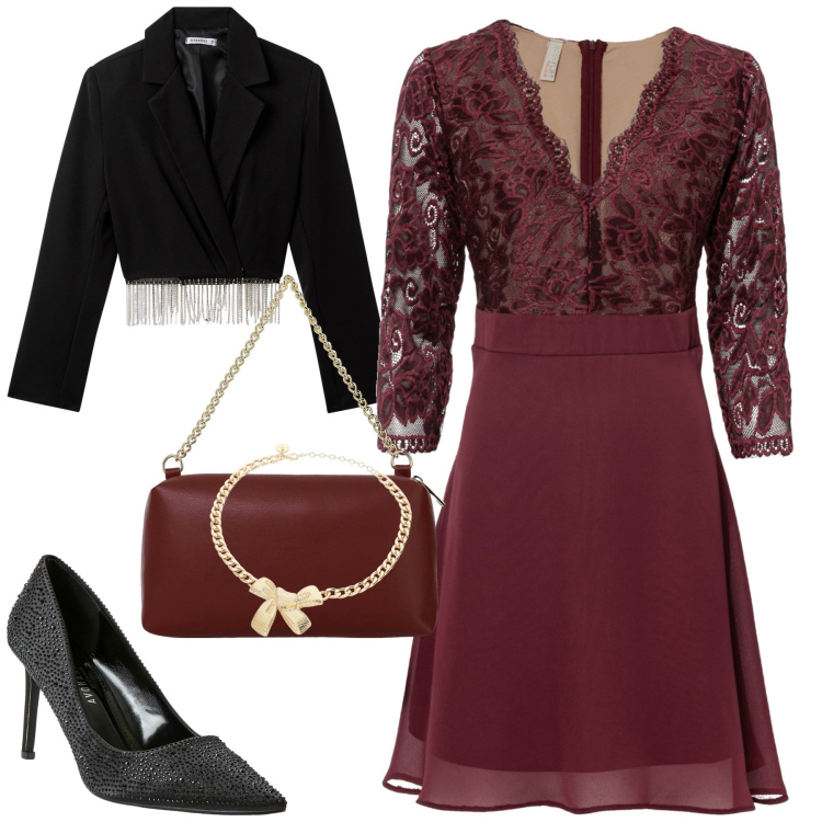 Outfit donna - A cena. Stile Romantica per Serata fuori. Abbinamento con vestiti midi/longuette, blazer, décolleté, borse a tracolla, collane.