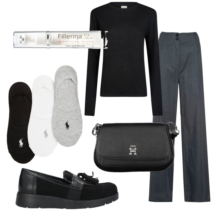 Outfit donna - Total look #1989167. Stile Basic per Tutti i giorni. Abbinamento con mocassini, matite labbra, calzini, jeans a zampa, borse a tracolla, maglieria.