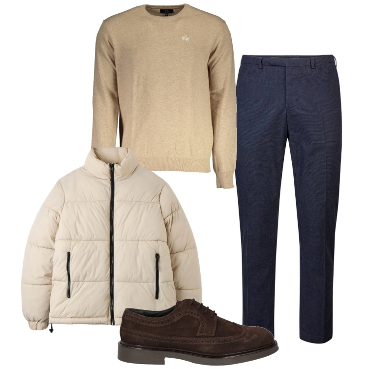 Outfit uomo - Piumino panna. Stile Casual per Tutti i giorni. Abbinamento con scarpe stringate, piumini, pantaloni, maglieria.