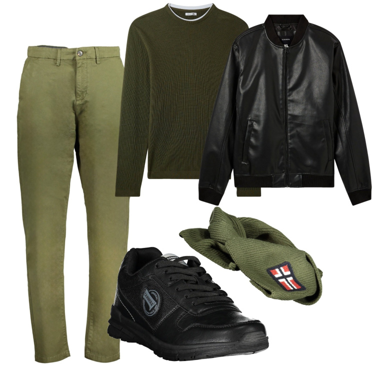 Outfit uomo - Città. Stile Urban per Tutti i giorni. Abbinamento con bomber, maglieria, sneakers, pantaloni, sciarpe.