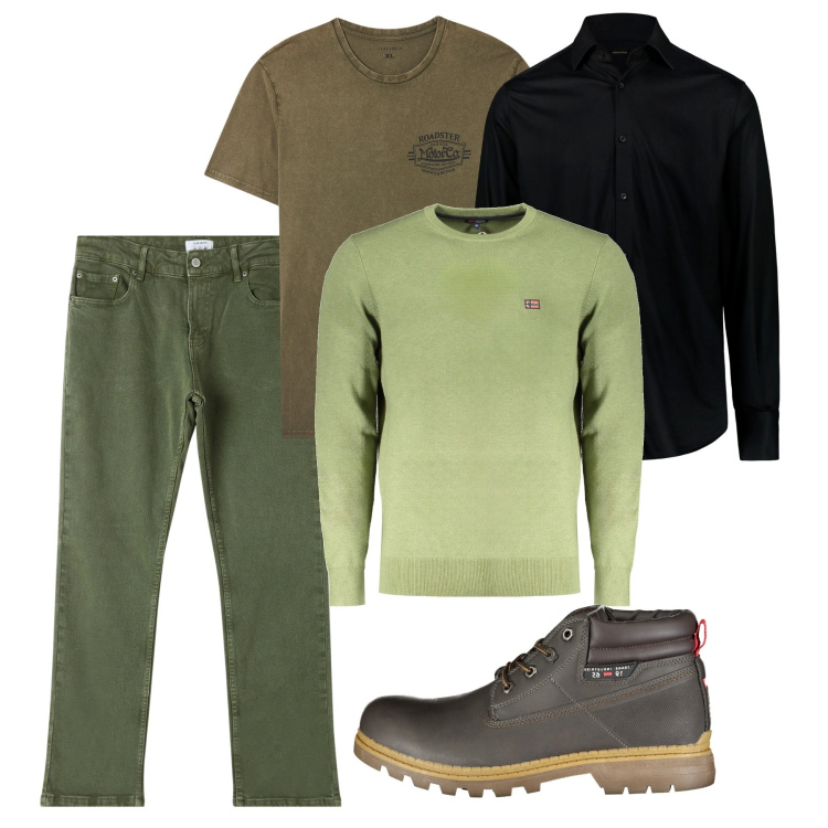 Outfit uomo - Ottobre. Stile Casual per Tutti i giorni. Abbinamento con t-shirt, pantaloni, maglieria, polo, stivali.
