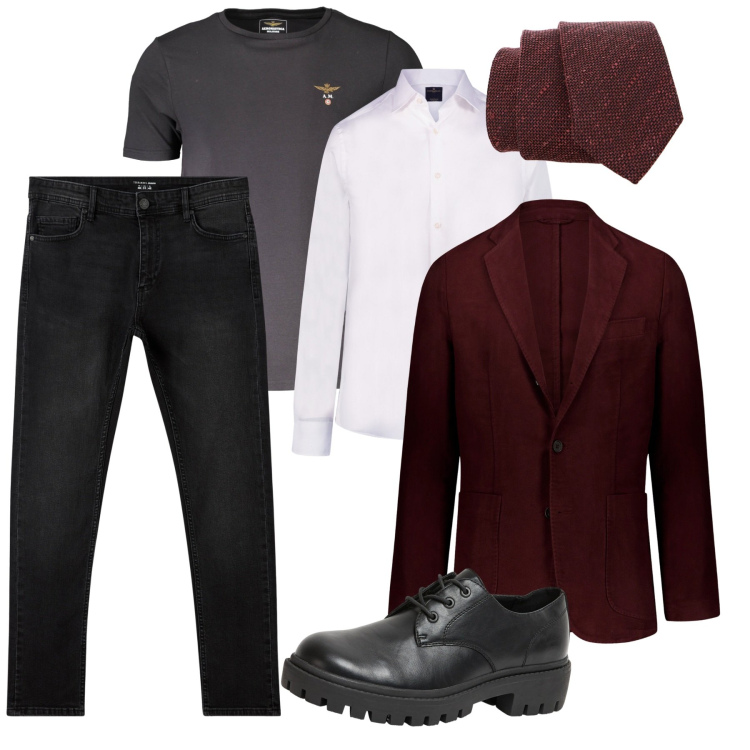 Outfit uomo - Burgundy by night. Stile Business/Elegante per Serata speciale. Abbinamento con jeans skinny, scarpe stringate, cravatte, camicie, t-shirt, giacche.