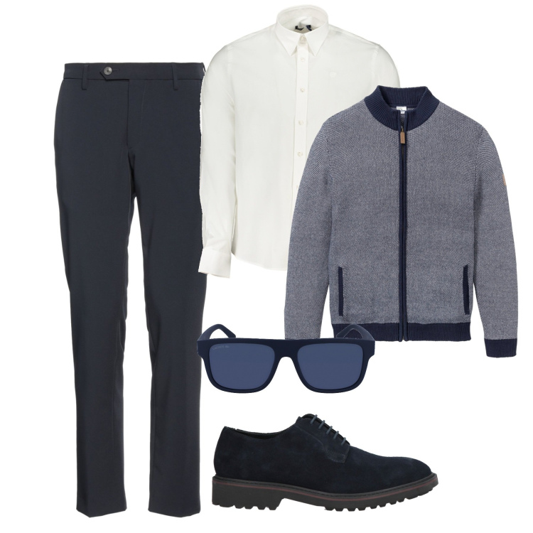 Outfit uomo - Easy cardigan. Stile Casual per Ufficio. Abbinamento con cardigans, scarpe stringate, pantaloni, occhiali da sole, camicie.