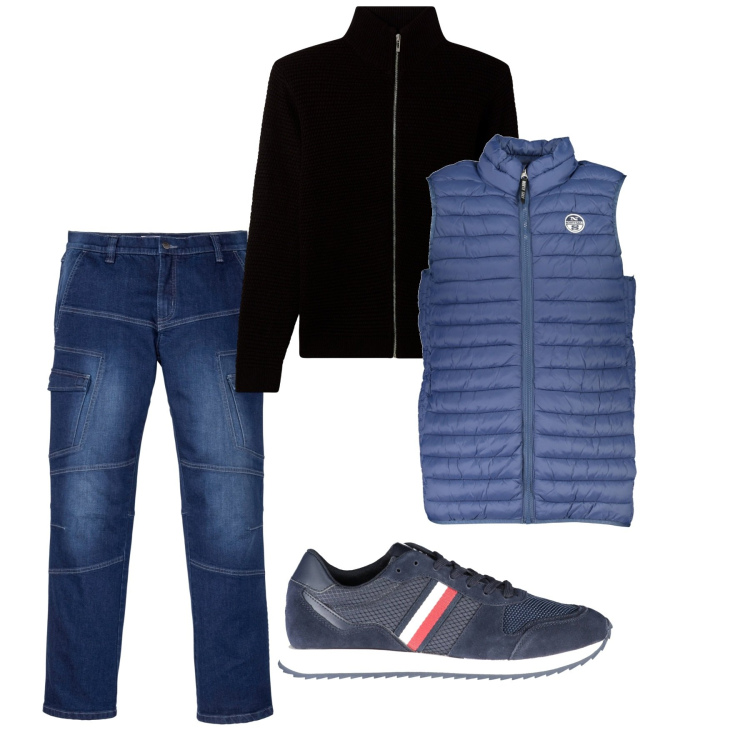 Outfit uomo - Fine ottobre. Stile Casual per Tutti i giorni. Abbinamento con jeans dritti, cardigans, sneakers, giacche.