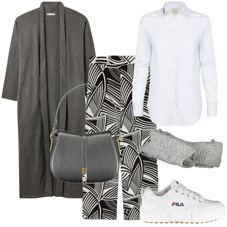 Outfit donna - Total look #1989217. Stile Casual per Tutti i giorni. Abbinamento con cardigans, sneakers, pantaloni a palazzo, sciarpe, camicie, borse a spalla.