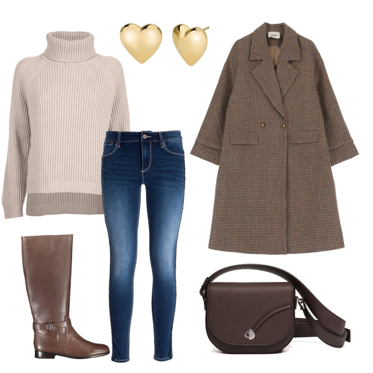 Outfit donna - Cold season. Stile Casual per Scuola/Università. Abbinamento con orecchini, jeans skinny, cappotti, maglieria, borse a tracolla, stivali.
