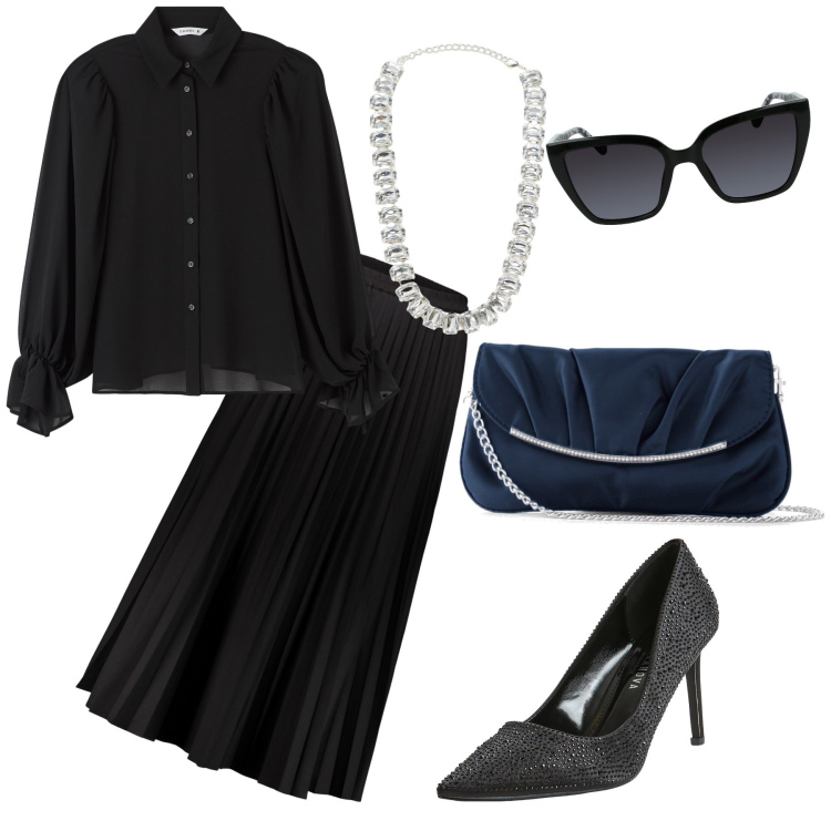 Outfit donna - Total look. Stile Chic per Serata fuori. Abbinamento con pochette, camicie, décolleté, collane, gonne lunghe, occhiali da sole.