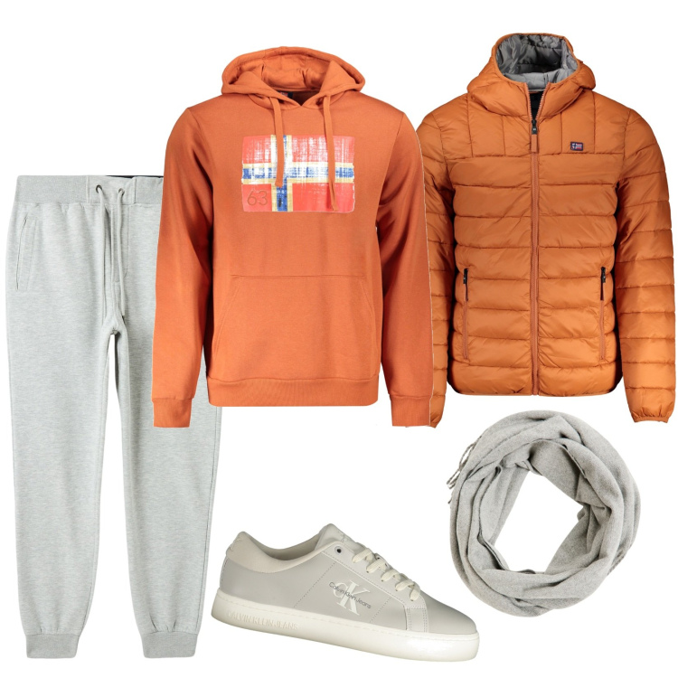 Outfit uomo - Color zucca. Stile Casual per Tutti i giorni. Abbinamento con sciarpe, pantaloni, giacche, felpe con cappuccio, sneakers.