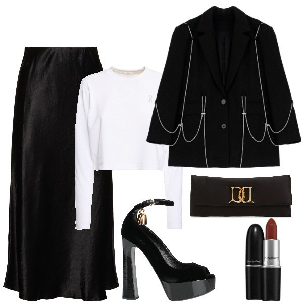 Outfit donna - Halloween. Stile Glamour per Serata fuori. Abbinamento con décolleté, rossetti, blazer, gonne longuette, t-shirt, pochette.