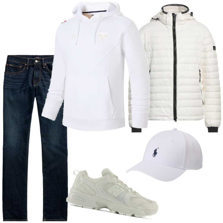 Outfit uomo - Total look #1989266. Stile Casual per Tutti i giorni. Abbinamento con piumini, sneakers, felpe con cappuccio, cappelli, jeans skinny.