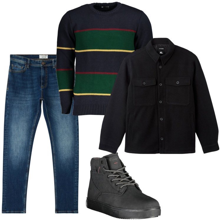 Outfit uomo - Total look #1989269. Stile Casual per Tutti i giorni. Abbinamento con jeans skinny, cappotti, stivali, maglieria.