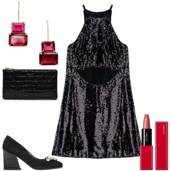 Outfit donna - Halloween con le amiche. Stile Glamour per Serata fuori. Abbinamento con décolleté, rossetti, vestiti corti, orecchini, clutch.