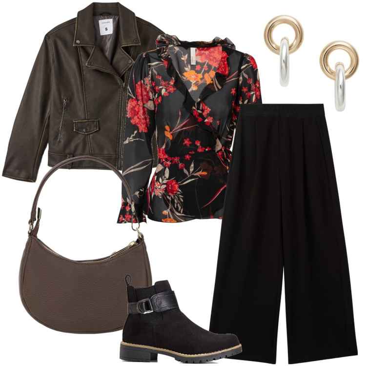 Outfit donna - Il chiodo marrone. Stile Casual chic per Serata fuori. Abbinamento con stivaletti, bluse, pantaloni, giacche, borse a spalla, orecchini.