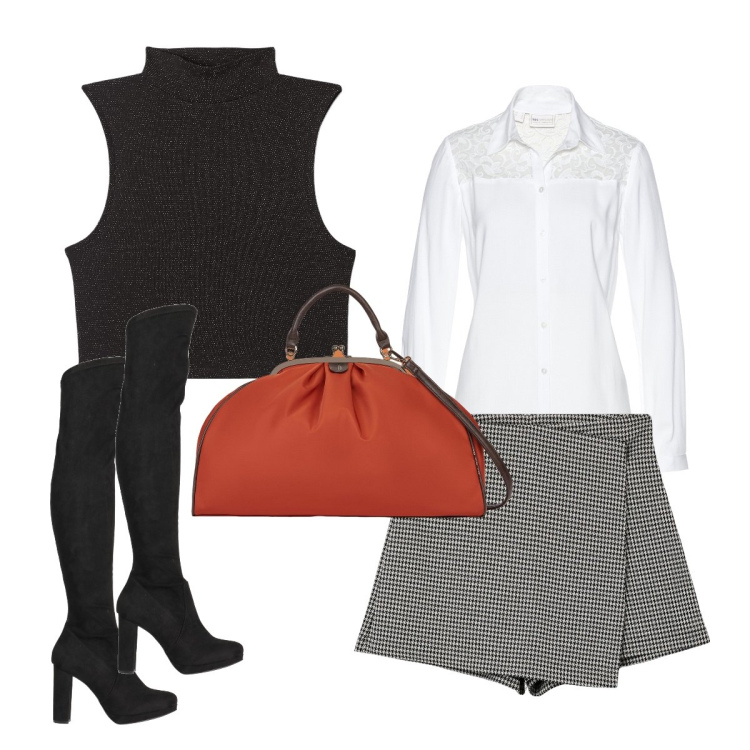 Outfit donna - Il gilet lurex. Stile Preppy per Serata fuori. Abbinamento con camicie, stivali sopra il ginocchio, minigonne, top, borse a spalla.