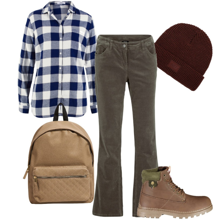 Outfit donna - Scampagnata in giornata. Stile Basic per Tutti i giorni. Abbinamento con pantaloni, camicie, zaini, berretti, stivali.