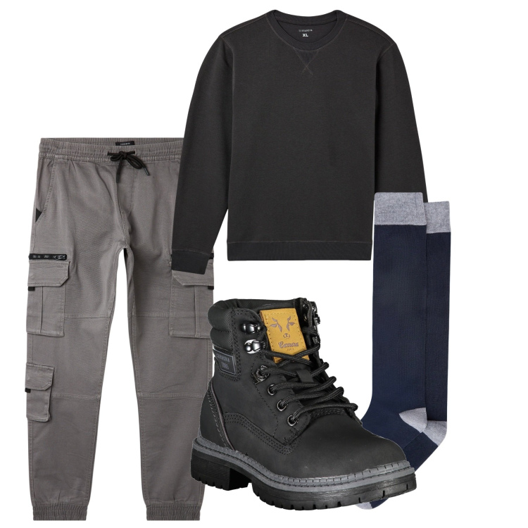 Outfit uomo - City. Stile Urban per Tutti i giorni. Abbinamento con pantaloni cargo, felpe, calzini, stivali.