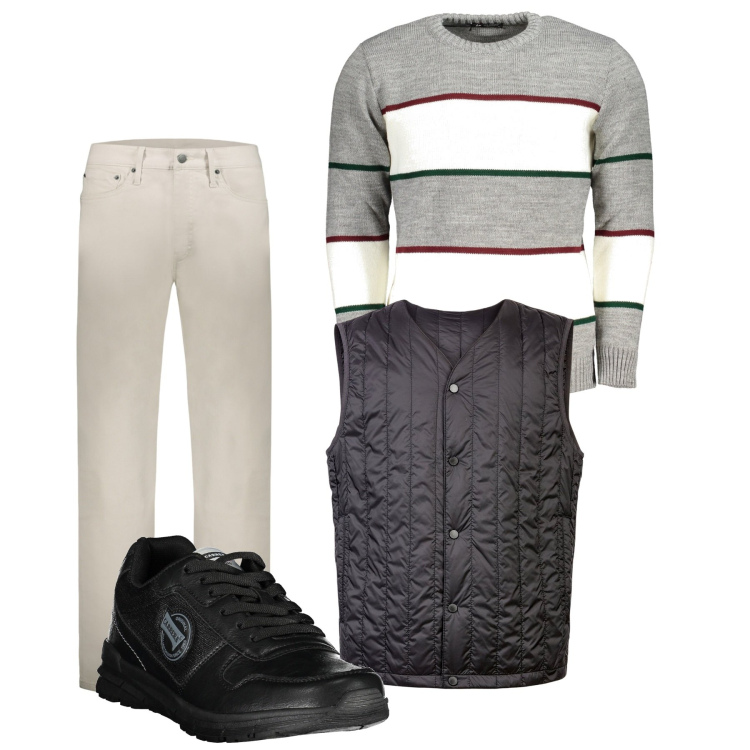 Outfit uomo - City. Stile Urban per Tutti i giorni. Abbinamento con pantaloni, piumini, sneakers, maglieria.