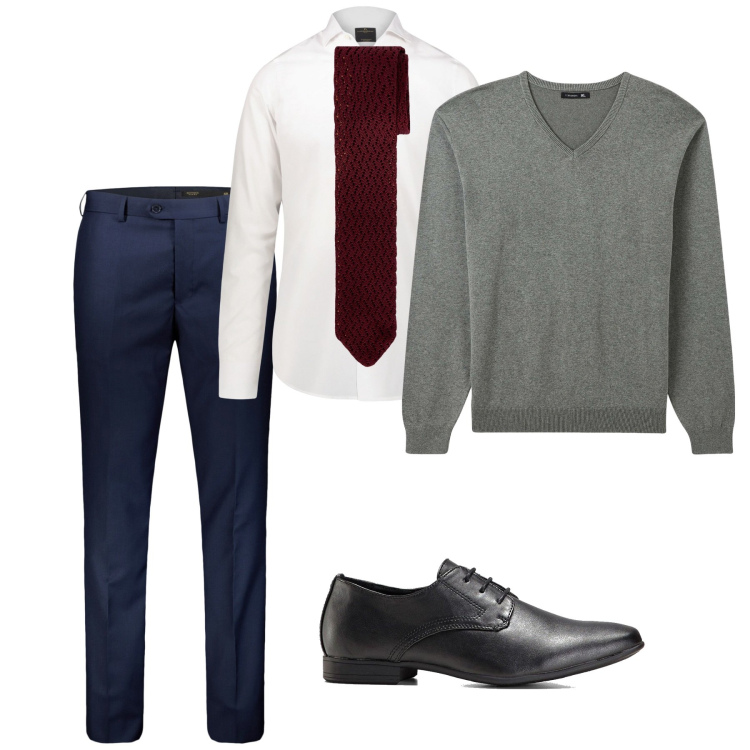 Outfit uomo - City. Stile Business/Elegante per Ufficio. Abbinamento con scarpe stringate, maglieria, camicie, cravatte, pantaloni.