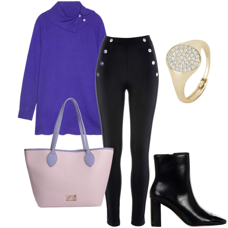 Outfit donna - La long maglia viola. Stile Casual chic per Ufficio. Abbinamento con leggings, borse a spalla, anelli, stivaletti, maglieria.