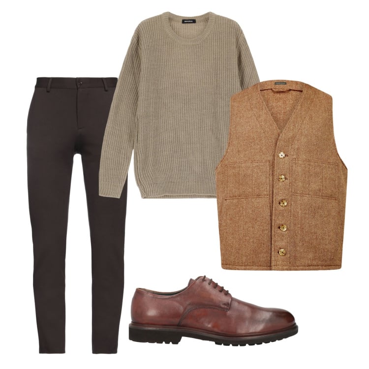 Outfit uomo - City. Stile Casual per Tutti i giorni. Abbinamento con scarpe stringate, pantaloni, maglieria, gilet.