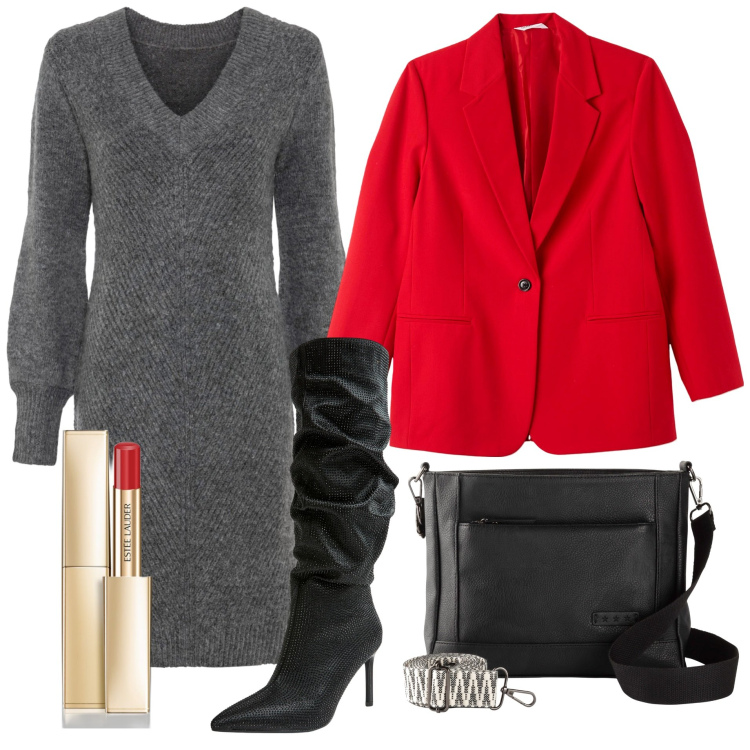 Outfit donna - Rosso di sera. Stile Chic per Serata fuori. Abbinamento con vestiti, borse a tracolla, rossetti, blazer, stivali.