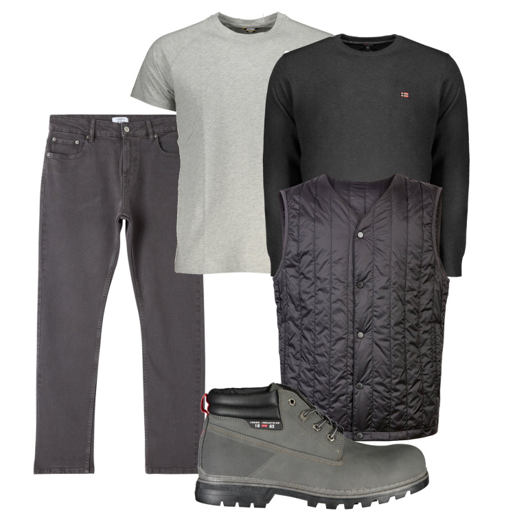 Outfit uomo - City. Stile Urban per Tutti i giorni. Abbinamento con pantaloni, piumini, stivali, maglieria, t-shirt.