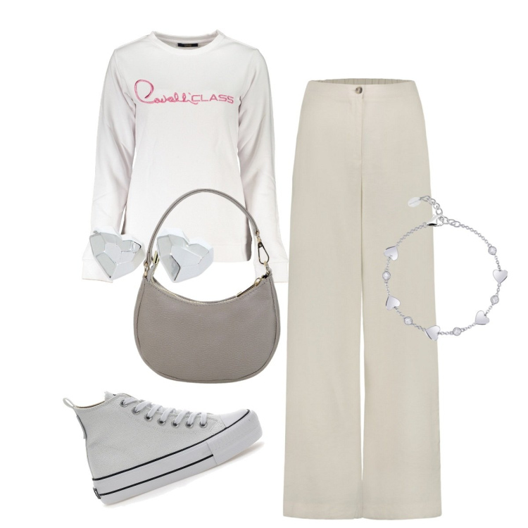 Outfit donna - Sportiva e trendy colori freddi.. Stile Sporty chic per Tutti i giorni. Abbinamento con braccialetti, borse a spalla, orecchini, sneakers alte, felpe, pantaloni.