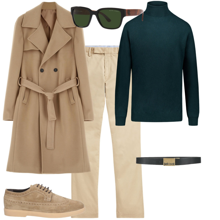 Outfit uomo - Total look #1989372. Stile Trendy per Tutti i giorni. Abbinamento con scarpe stringate, cinture, cappotti, pantaloni chino, occhiali da sole, maglieria.