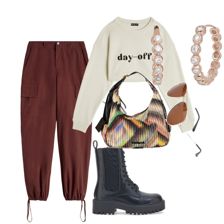 Outfit donna - Stile athleisure colori caldi. Stile Trendy per Tutti i giorni. Abbinamento con orecchini, felpe, pantaloni cargo, anfibi, borse a spalla, occhiali da sole.