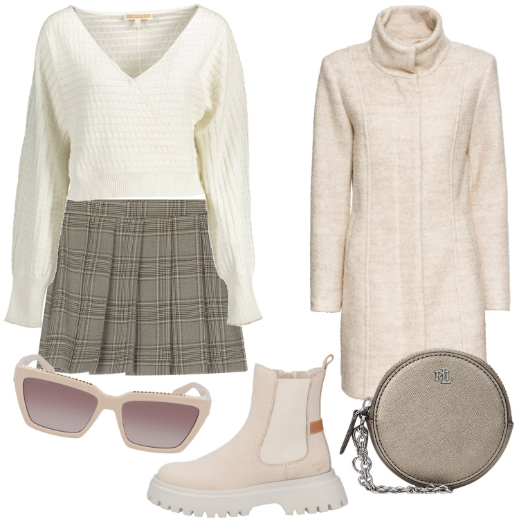 Outfit donna - Total look #1989382. Stile Trendy per Tutti i giorni. Abbinamento con cappotti, stivaletti, minigonne, pochette, maglieria, occhiali da sole.