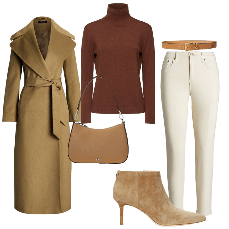 Outfit donna - Chiaro e scuro. Stile Casual per Ufficio. Abbinamento con cinture, cappotti, jeans skinny, borse a spalla, stivaletti, maglieria.