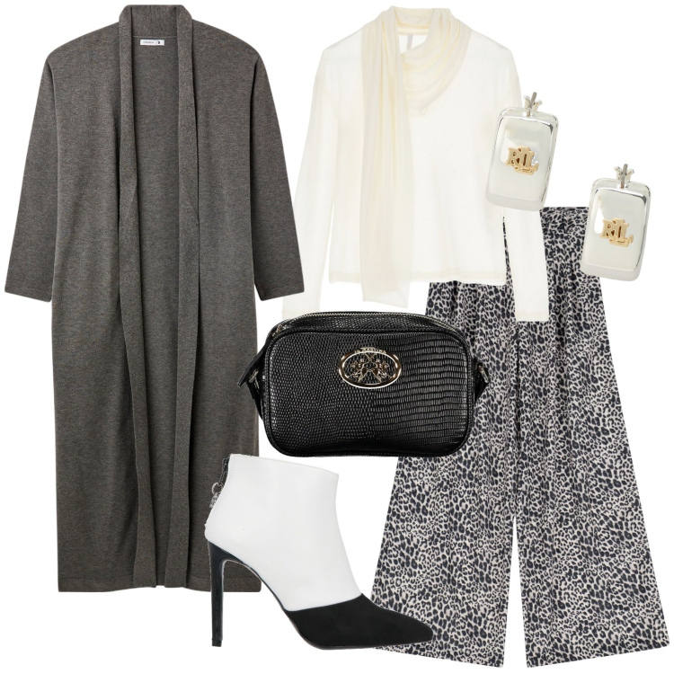 Outfit donna - Total look #1989391. Stile Casual per Tutti i giorni. Abbinamento con stivaletti, cardigans, pantaloni a palazzo, maglieria, orecchini, borse a tracolla.