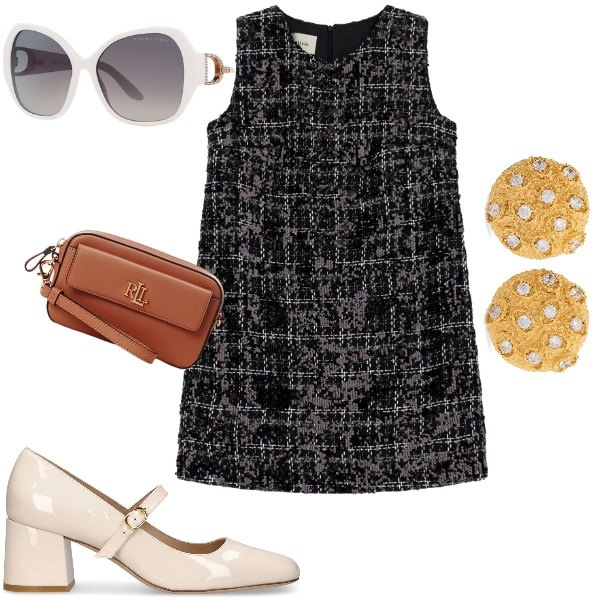 Outfit donna - Mary Quant. Stile Vintage retrò per Tutti i giorni. Abbinamento con vestiti corti, pochette, occhiali da sole, décolleté, orecchini.
