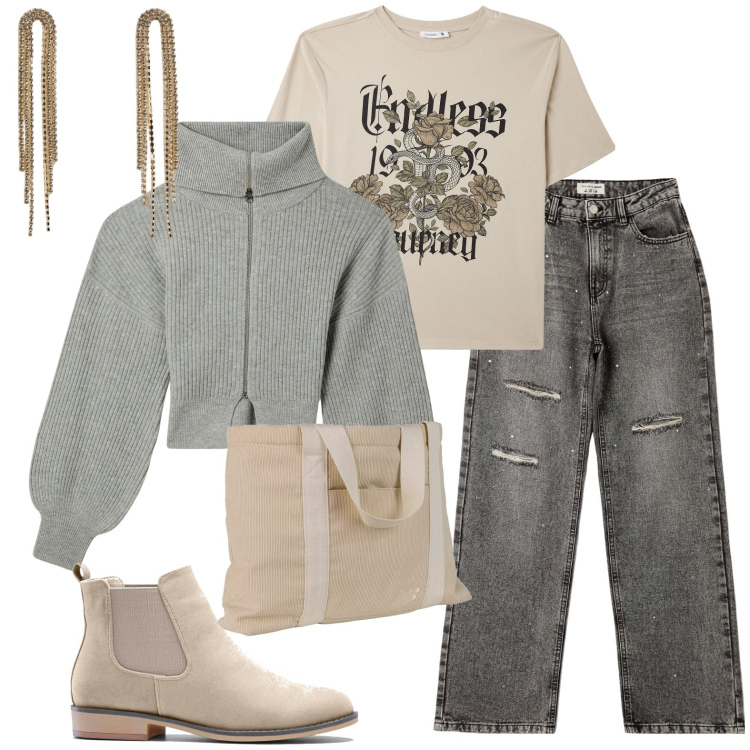 Outfit donna - Total look #1989399. Stile Casual per Tutti i giorni. Abbinamento con stivaletti chelsea, cardigans, jeans strappati, t-shirt, orecchini, shopping bag.
