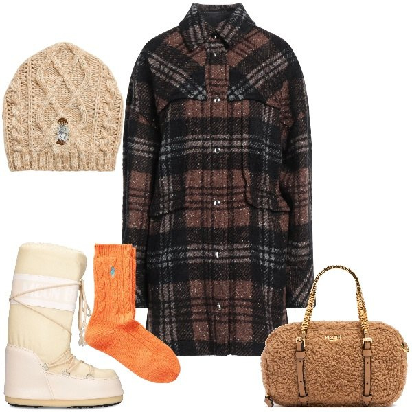 Outfit donna - In montagna con stile. Stile Sporty chic per Tutti i giorni. Abbinamento con vestiti corti, berretti, calzini, borse a mano, stivali.