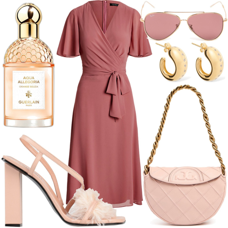 Outfit donna - Rosa antico per la cerimonia. Stile Chic per Cerimonia. Abbinamento con sandali in pelle, profumi, vestiti, orecchini, occhiali da sole, borse a spalla.