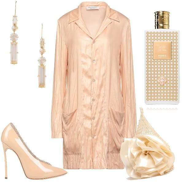 Outfit donna - Un fiore in mano. Stile Glamour per Serata fuori. Abbinamento con vestiti corti, décolleté, profumi, orecchini, borse a mano.