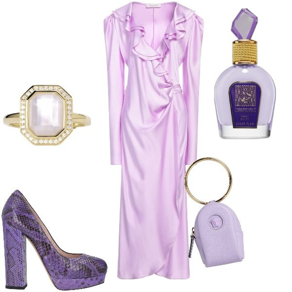 Outfit donna - Lilla vintage. Stile Glamour per Serata fuori. Abbinamento con décolleté, borse a mano, vestiti corti, profumi, anelli.