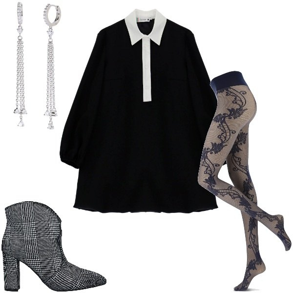 Outfit donna - Mercoledì. Stile Glamour per Serata fuori. Abbinamento con stivaletti, vestiti corti, orecchini, collant.