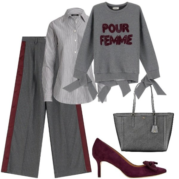 Outfit donna - Special Grigio. Stile Minimal per Ufficio. Abbinamento con pantaloni a palazzo, felpe, camicie, décolleté, borse a spalla.