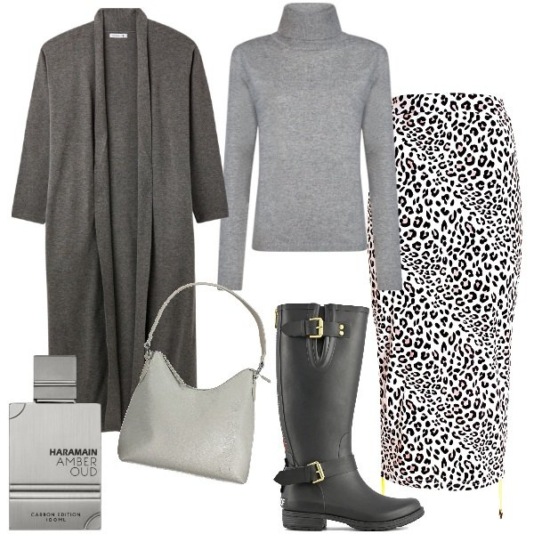 Outfit donna - Special grigio. Stile Urban per Ufficio. Abbinamento con profumi, cardigans, gonne lunghe, maglieria, stivali, borse a spalla.