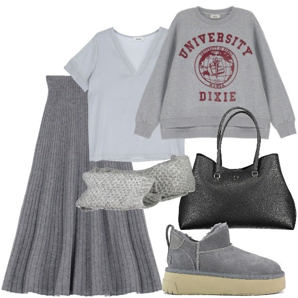 Outfit donna - Special Grigio. Stile Sporty chic per Scuola/Università. Abbinamento con gonne longuette, felpe, t-shirt, stivali, sciarpe, borse a spalla.