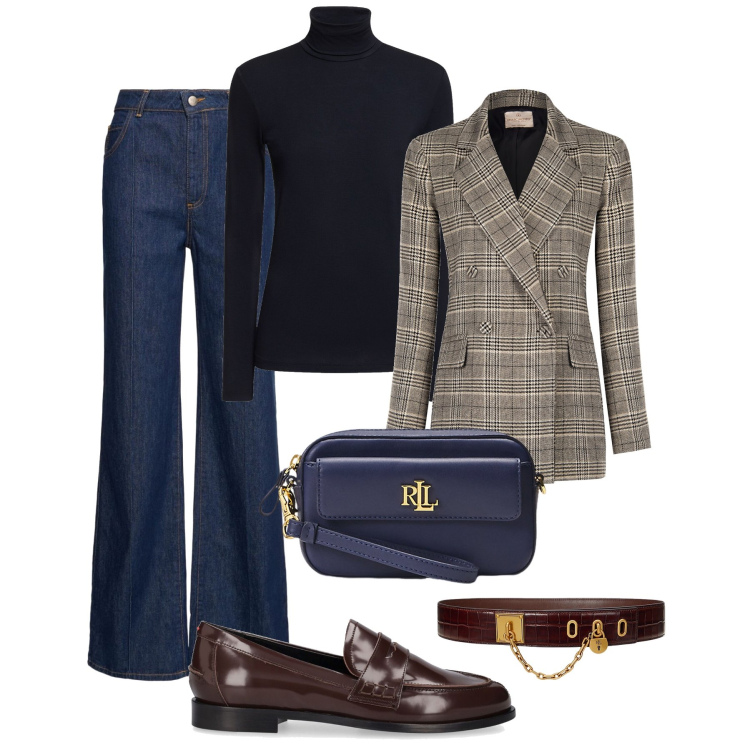 Outfit donna - Semplice con classe. Stile Sporty chic per Tutti i giorni. Abbinamento con blazer, cinture, pochette, top, mocassini, jeans.