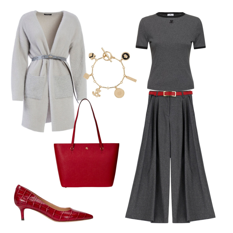 Outfit donna - Riunione di lavoro. Stile Casual chic per Ufficio. Abbinamento con cardigans, pantaloni, borse tote, décolleté, braccialetti con ciondoli, t-shirt.