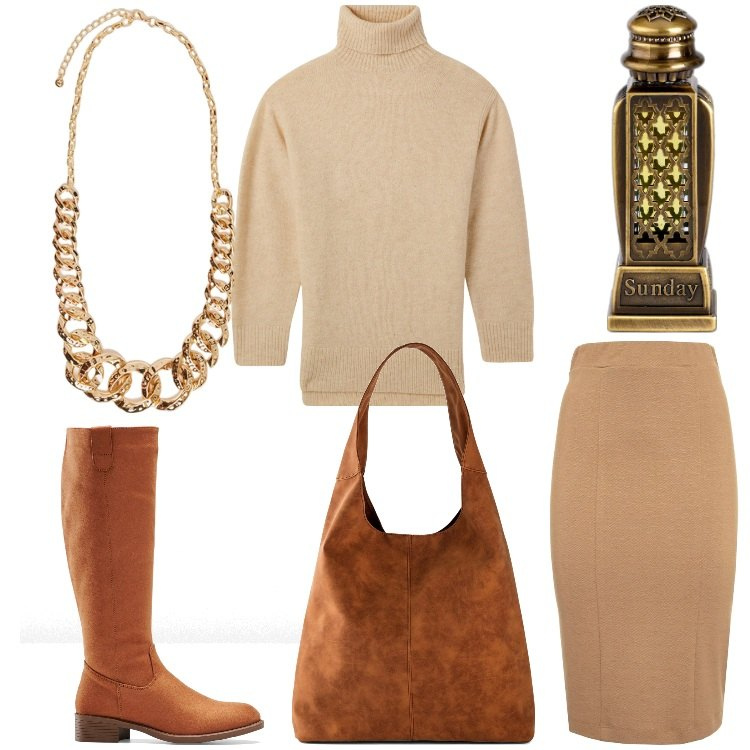 Outfit donna - Sunday. Stile Casual chic per Ufficio. Abbinamento con stivali, shopping bag, profumi, maglieria, gonne lunghe, collane.