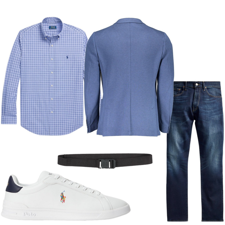 Outfit uomo - Sensibile all\'azzurro. Stile Trendy per Ufficio. Abbinamento con cinture, jeans, camicie, sneakers, giacche.